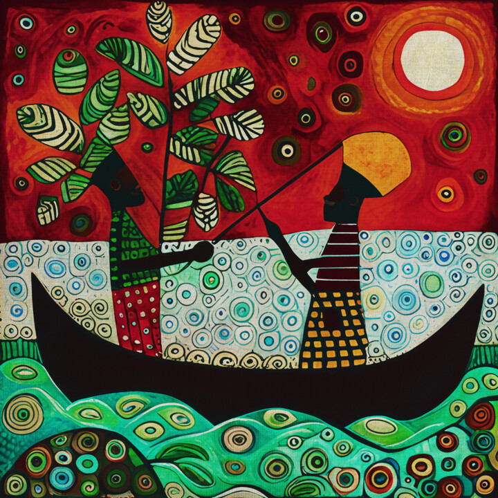 Fishermen in Africa 绘画, 15.8x15.8 in