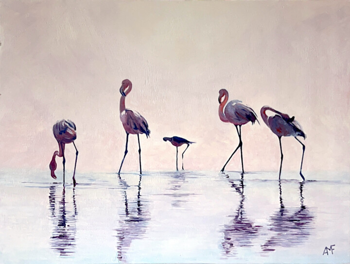 Peinture intitulée "Flamants au point d…" par Arnaud Feuga, Œuvre d'art originale, Huile Monté sur Panneau de bois