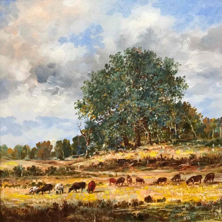 Painting titled "A lonely tree" by Vagharshak Abrahamyan, Original Artwork, Oil Mounted on Wood Stretcher frame