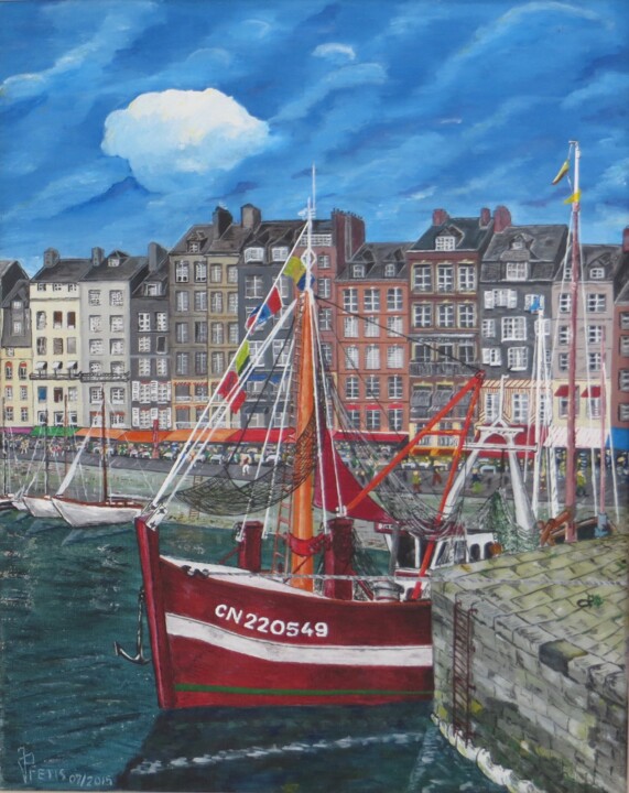 Painting titled "Port de honfleur" by Jean Pierre Fetis, Original Artwork, Acrylic Mounted on Wood Stretcher frame
