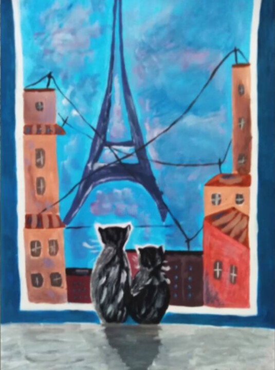 Cats in Paris original painting 绘画, 13x9.5 in