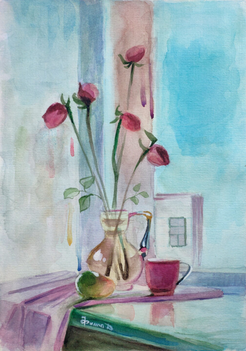 Натюрморт с розами и яблоком 绘画, 11.8x8.3 in