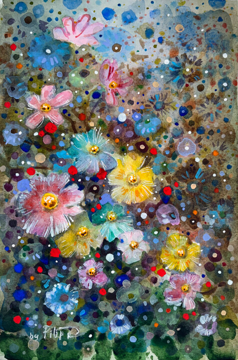 Painting titled "Калейдоскоп красок" by Denis Filip, Original Artwork, Watercolor