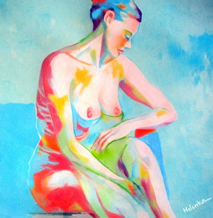 "Seated Serene Figure" 绘画, 17.7x16.9 in