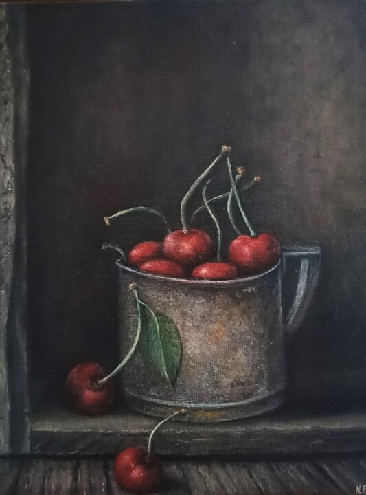 Cherries oil original painting 绘画, 9.5x6.7 in