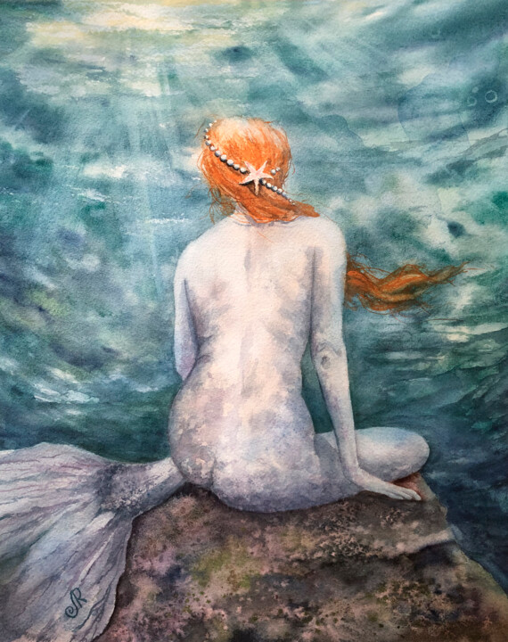 Mermaid Sea Woman Painting Femme Sirène 绘画, 14.2x11.4 in