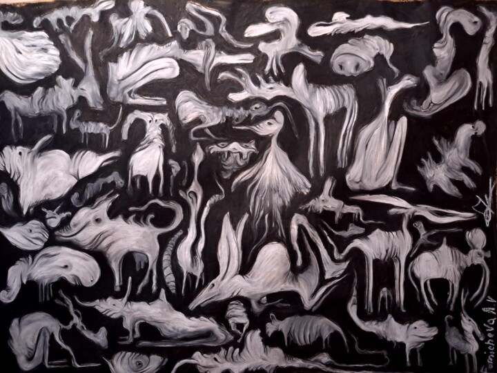 "Little imaginary animals in search of happiness" 绘画, 39.4x51.2 in