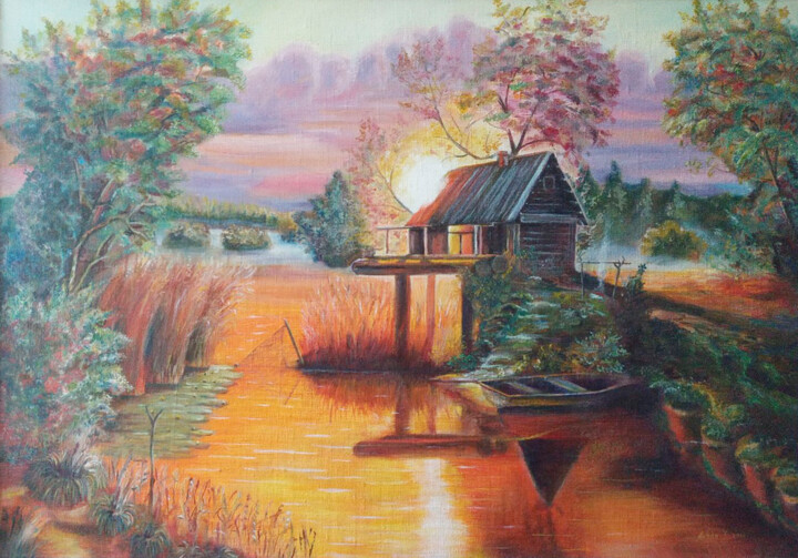 A cozy evening Evening comfort in house on riverbank, boat 绘画, 19.7x27.6 in