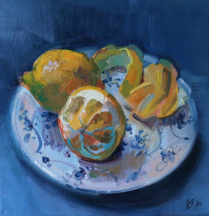 Painting titled "Zitronen auf einem…" by Katharina Valeeva, Original Artwork, Oil Mounted on Wood Stretcher frame