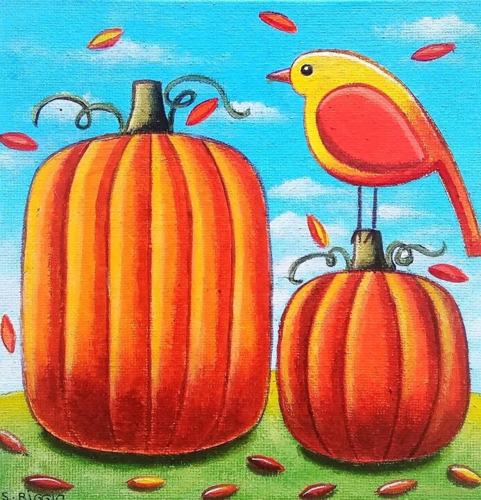La saison des citrouilles 绘画, 5.9x5.9 in