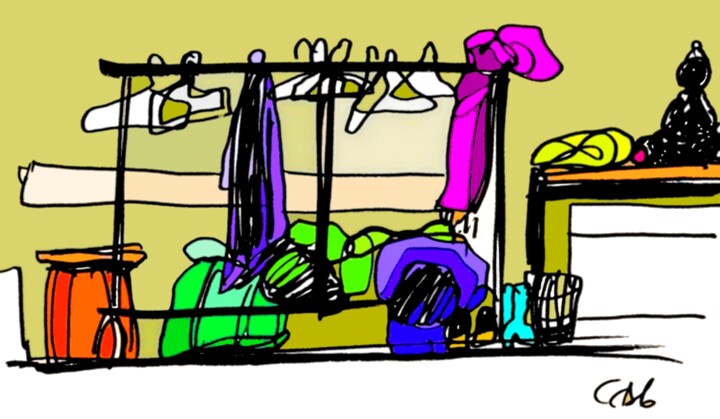Dessin intitulée "Qigong Cloakroom at…" par Corinne Courlet, Œuvre d'art originale, Encre