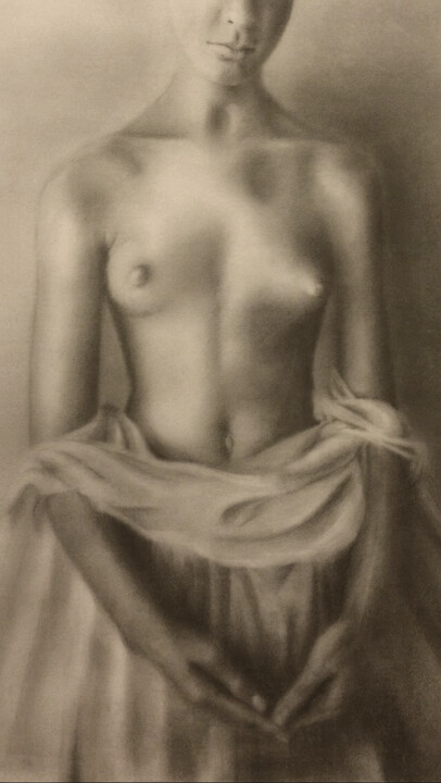 Young girl with bare breasts 绘画, 22.1x12.2 in