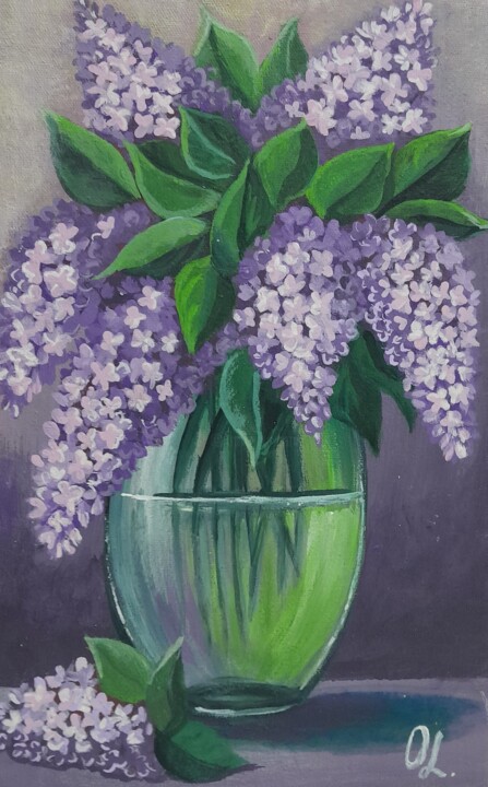 Flower sketch. A bouquet of lilacs in a soft green vase. 图画, 9.8x5.9 in