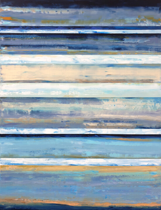Blue Beige Abstract Painting, A day on the ocean beach 绘画, 47.2x35.4 in