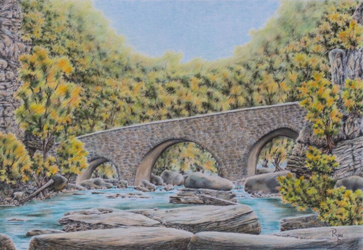 Malerei mit dem Titel "Bei der Römerbrücke" von Ronald Firla, Original-Kunstwerk, Conté-Buntstifte