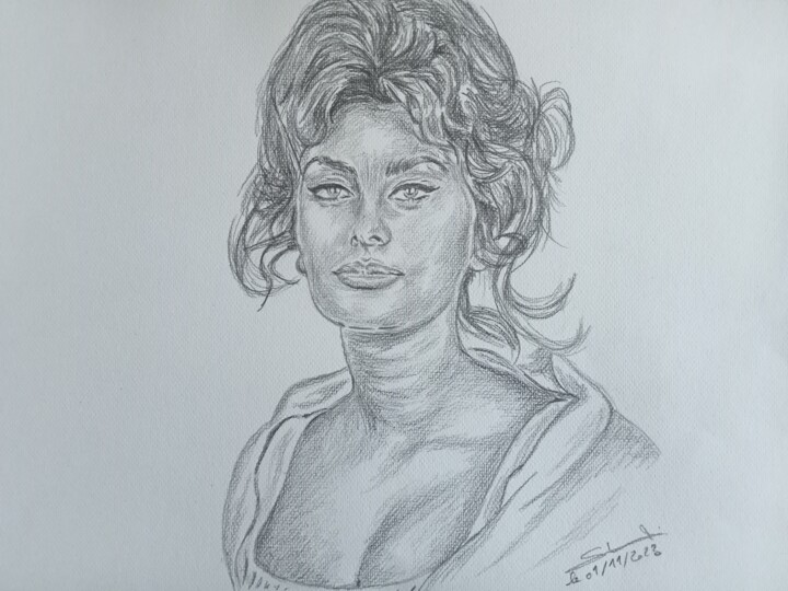 Portrait de l'actrice Sophia Loren réalisé aux crayons 图画, 11.7x16.5 in