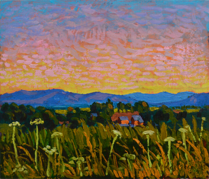 Summer landscape with blue mountains. 绘画, 11.8x13.8 in