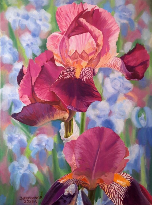 Painting titled "«Ирисы»" by Iurii Tsarinnii, Original Artwork, Oil Mounted on Wood Stretcher frame