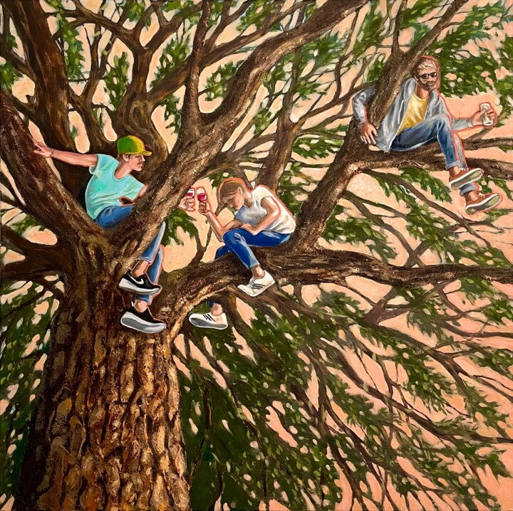 Peinture intitulée "Déjeuner dans l'arb…" par Robert Inestroza, Œuvre d'art originale, Huile Monté sur Châssis en bois