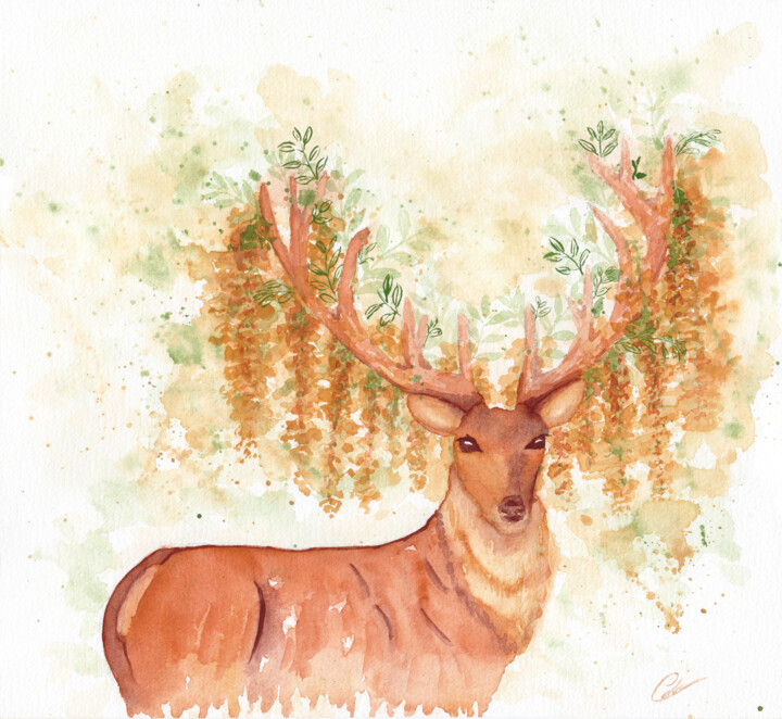 Dieu Cerf de la forêt 绘画, 10.1x11 in