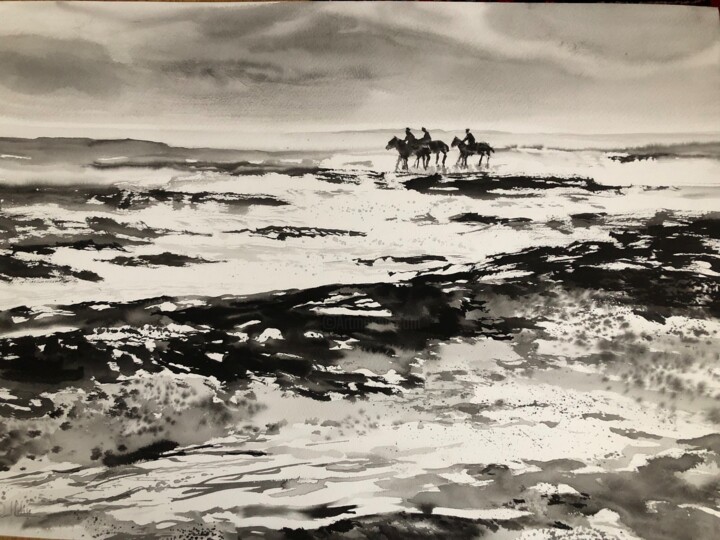les cavaliers sur la plage à marée basse 图画, 21.3x29.1 in