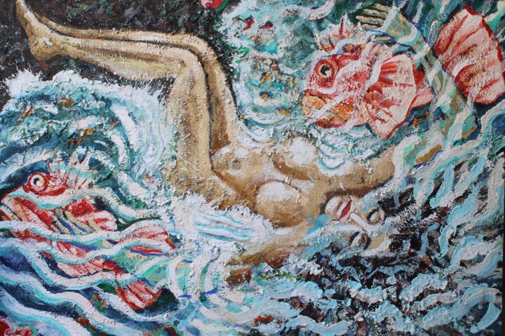 Mujer jugando con peces 2 - Woman playing with fish. 绘画, 51.2x76.8 in