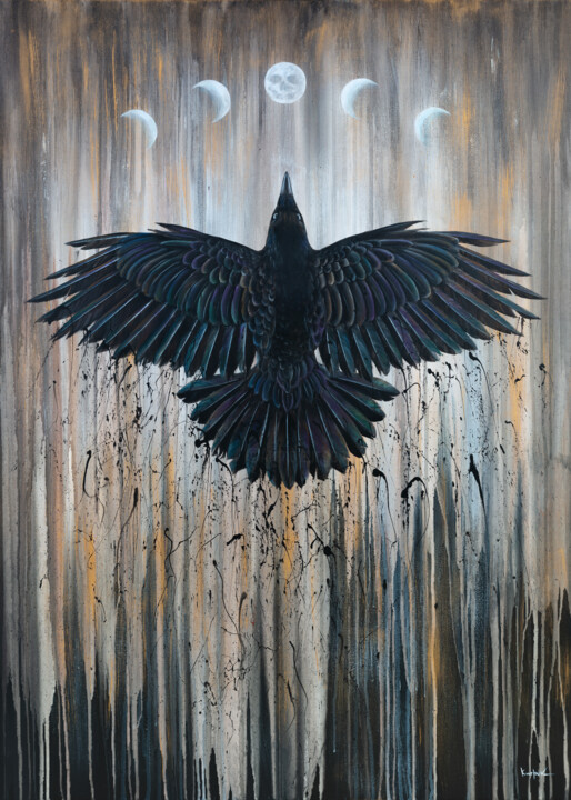 Black Raven & 5 Moon Phases 绘画, 39.4x27.8 in