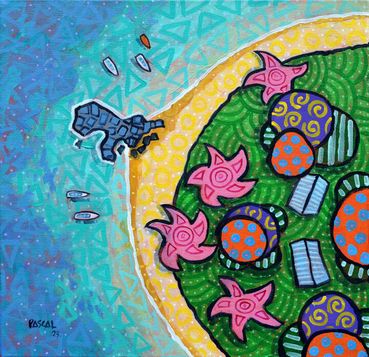 Painting titled "Sky view of seaside" by Pascal Lagesse, Original Artwork, Acrylic Mounted on Wood Stretcher frame