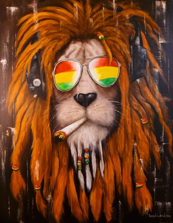 Lion oil painting on canvas Gangster Lion, Abstract Oil 绘画, 35.4x27.6 in