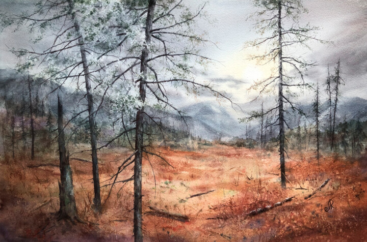 Forest Painting Sunrise Forêt 绘画, 14.2x21.7 in