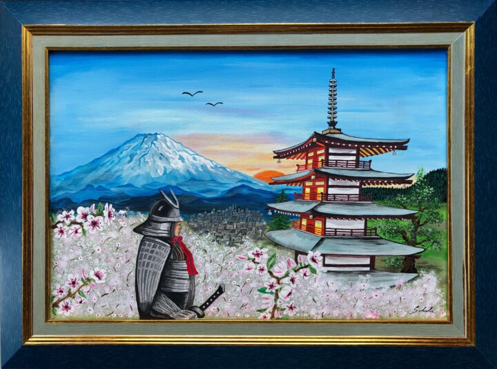 La pagode Chureito et son samourai au pied du mont Fuji Schilderij, 14,6x21,3 in