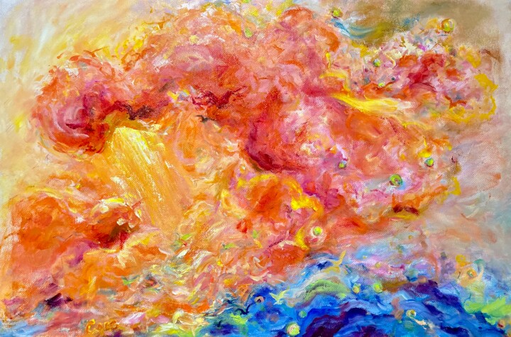 Painting titled "In the sky" by Coco Tan, Original Artwork, Oil Mounted on Wood Stretcher frame