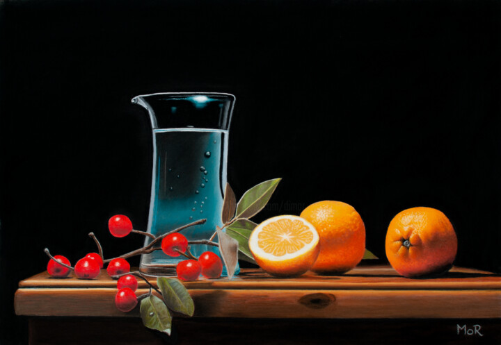 Still Life with Berries, Oranges and Glass Jar 绘画, 13.8x19.7 in