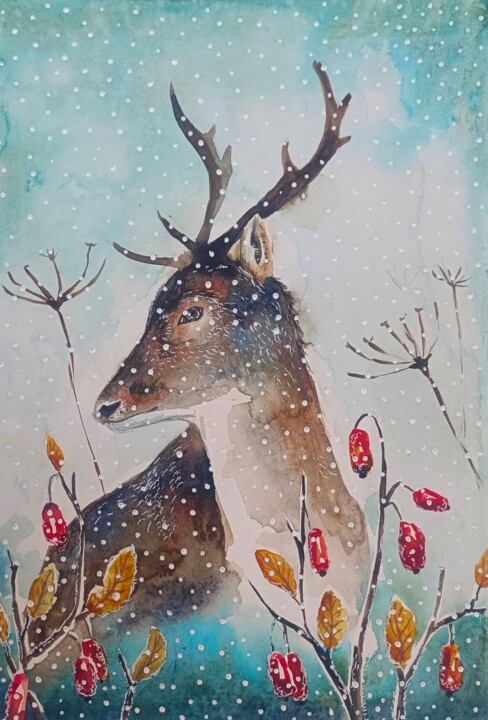 Il Cervo Nel Paesaggio Invernale. A4 绘画, 11.7x8.3 in