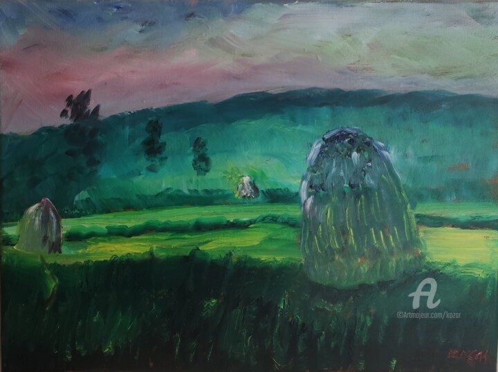 foin hay au coucher du soleil Painting, 11.8x15.8 in
