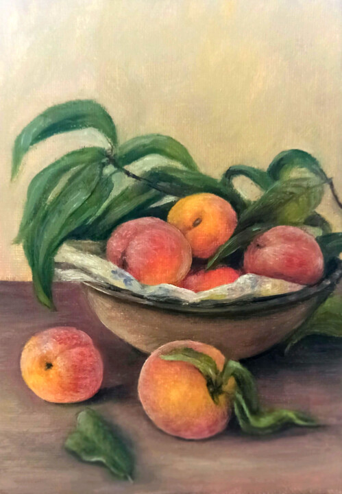 Peaches in the bowl original oil painting 绘画, 6.7x4.7 in