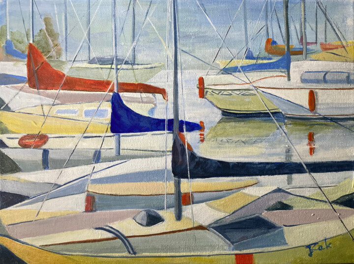 Painting titled "The Marina" by Joanna Zakrzewski, Original Artwork, Acrylic Mounted on Wood Stretcher frame
