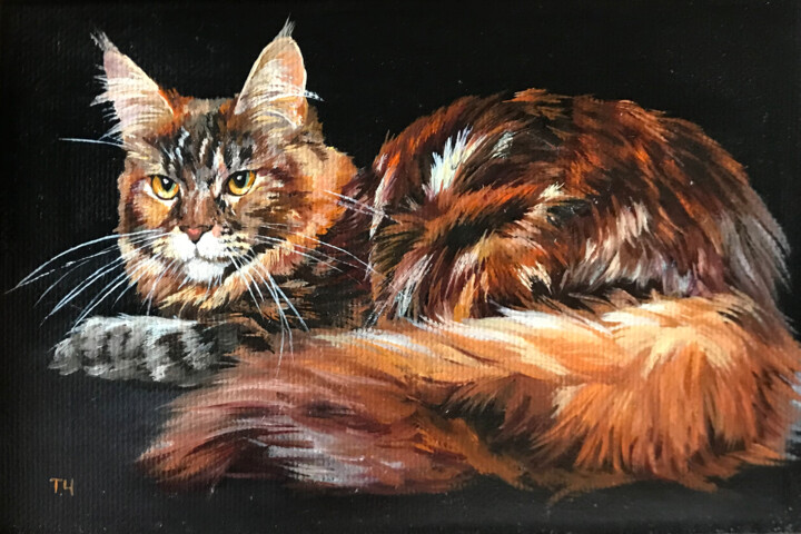Miniature "Maine Coon tricolor" 绘画, 3.9x5.9 in