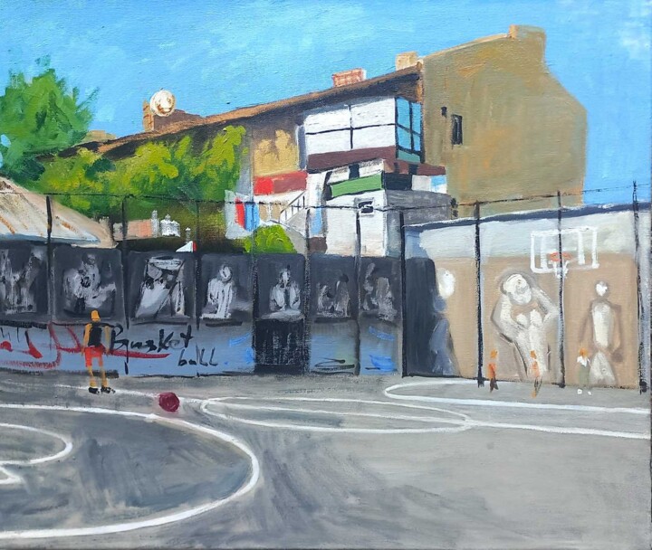 Painting titled "The Basketball Court" by Iryna Cnernenko, Original Artwork, Oil