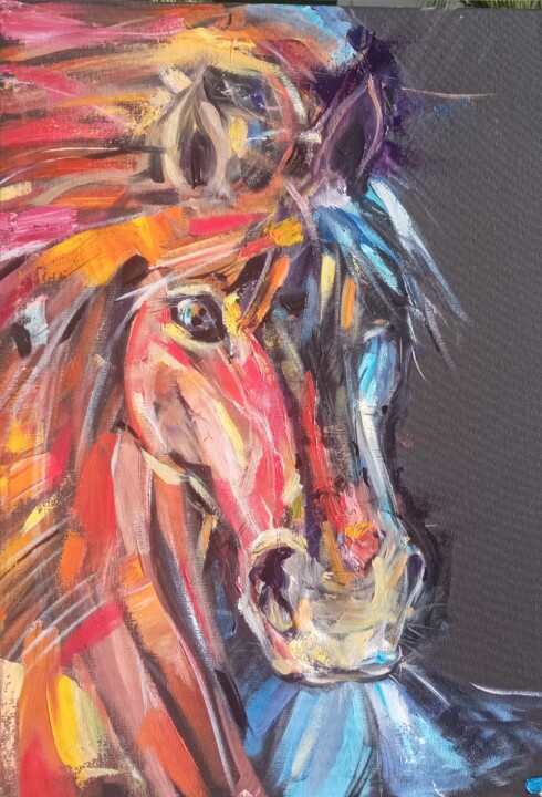 Black Flaming Horse Original Oil Painting 绘画, 20x13.5 in