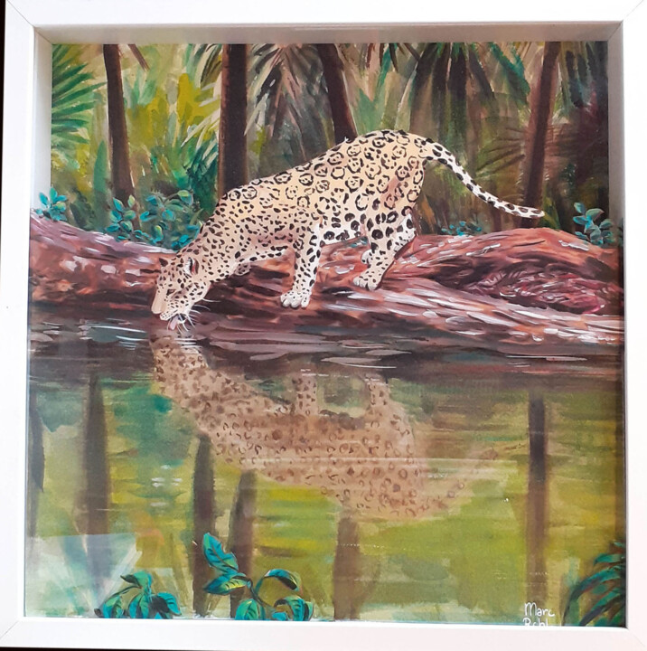 Panthère se désaltérant 绘画, 13.8x13.8 in