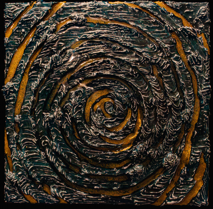 "TEMPÊTE D'OR : HOMMAGE À HOKUSAI" 绘画, 11.8x11.8 in