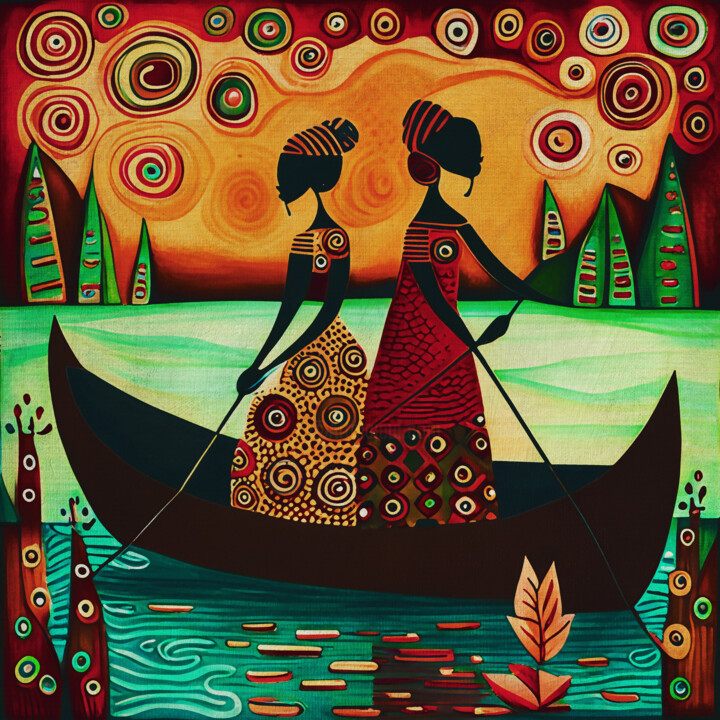 Girls in Africa sail in a boat 绘画, 15.8x15.8 in