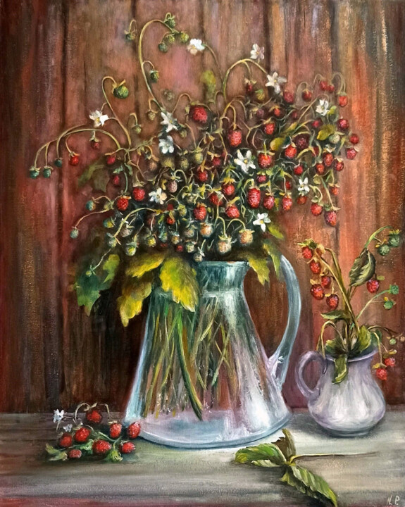 Strawberries still life oil canvas original 绘画, 19.7x15.8 in