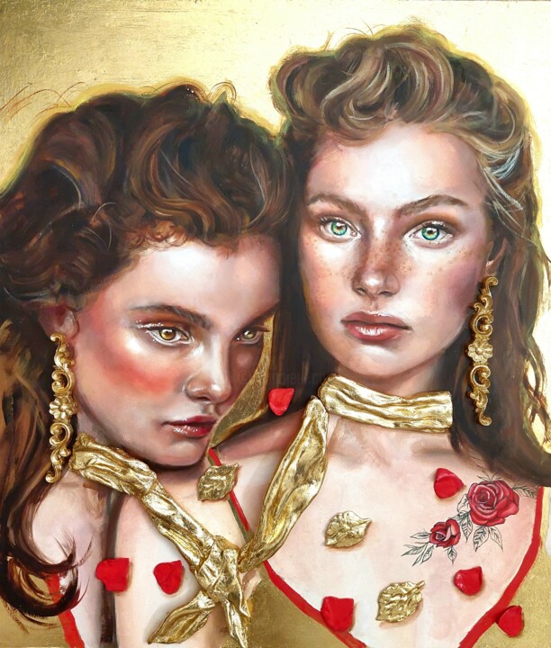 Painting titled "Soul Ties - Sisterh…" by Simona Zecca, Original Artwork, Oil Mounted on Wood Panel