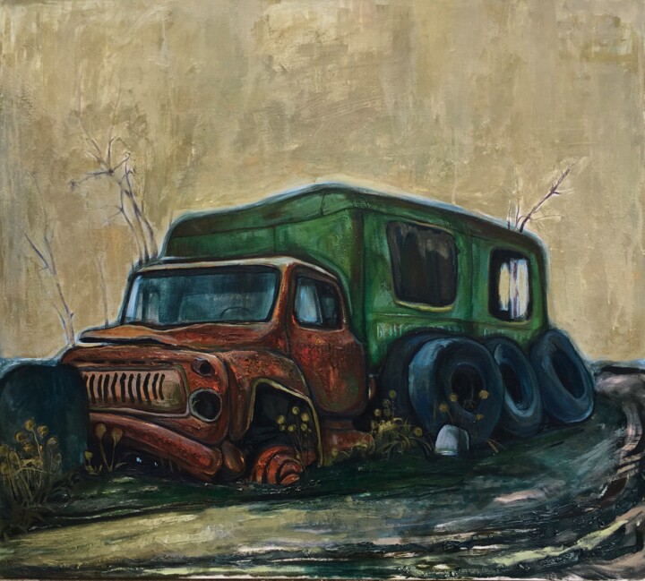 ''Abandoned car'' 绘画, 35.4x39.4 in