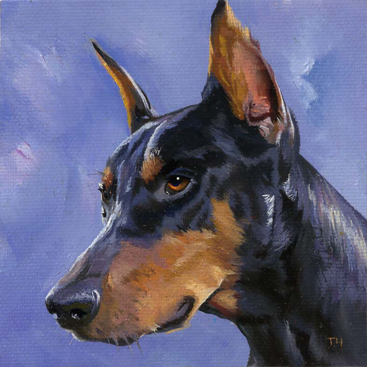 Miniature "Doberman" 绘画, 3.9x3.9 in