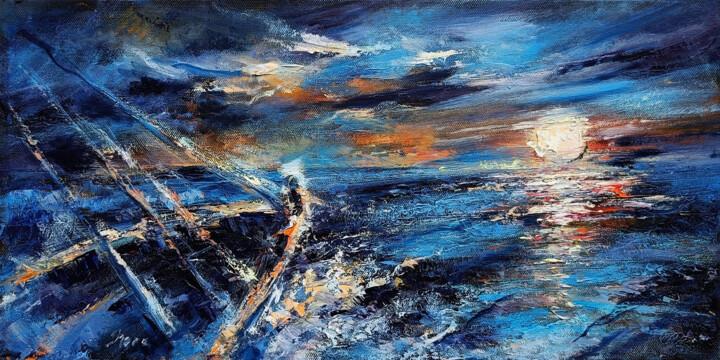 Sunset. Boat 绘画, 9.8x19.7 in