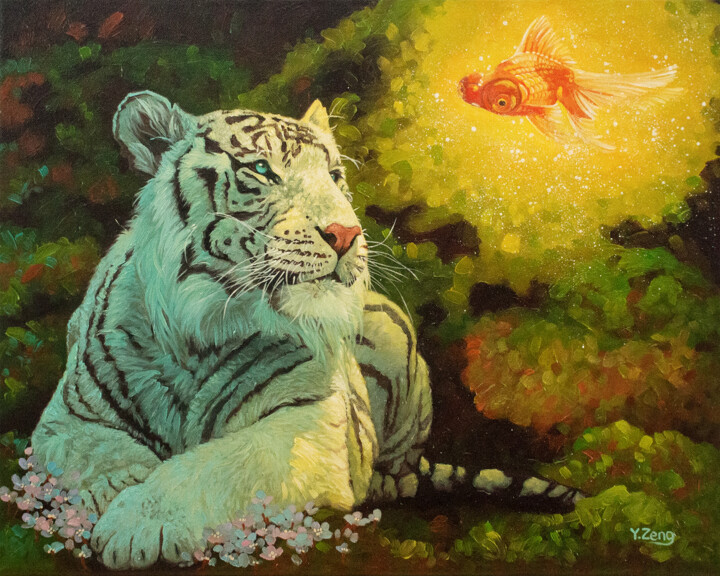 White tiger and goldfish visitor 绘画, 16x20 in