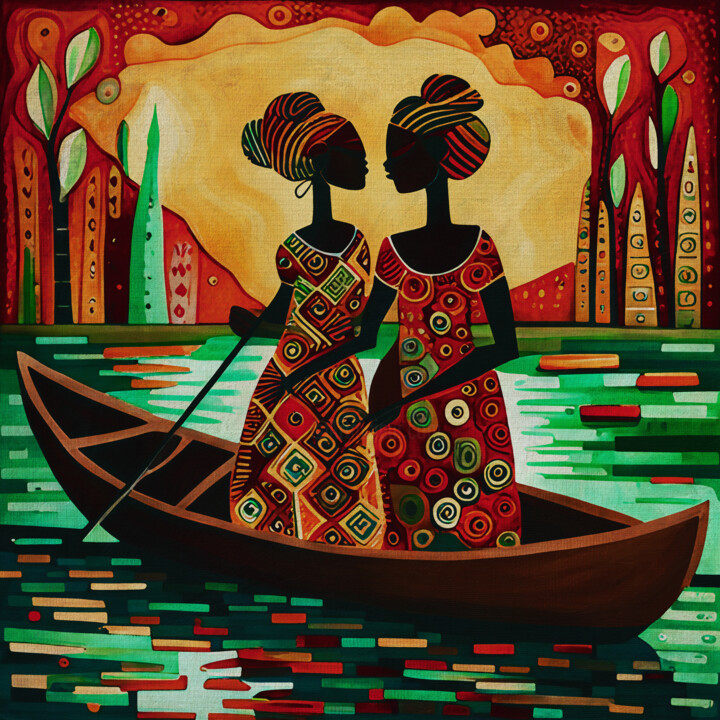 African women sailing in a canoe on the river 绘画, 15.8x15.8 in